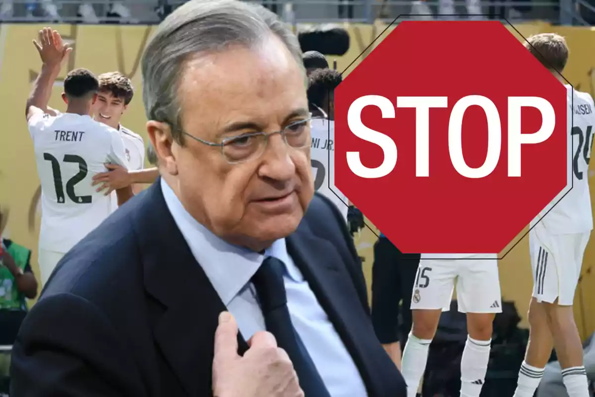 A man in a suit appears in the foreground with a serious expression, while in the background players are celebrating and there is a large red stop sign with the word STOP.
