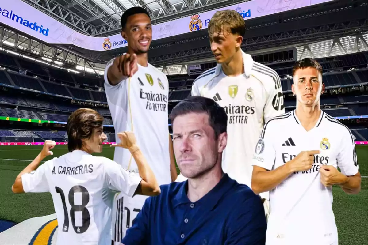 Cinco personas con uniforme del Real Madrid posan en un estadio de fútbol, una de ellas está en primer plano con expresión seria y las otras cuatro están detrás, una señalando al frente, otra mostrando el dorsal de su camiseta y dos más mirando hacia adelante. Cinco personas con uniforme del Real Madrid posan en un estadio de fútbol, una de ellas está en primer plano con expresión seria y las otras cuatro están detrás, una señalando al frente, otra mostrando el dorsal de su camiseta y dos más mirando hacia adelante.