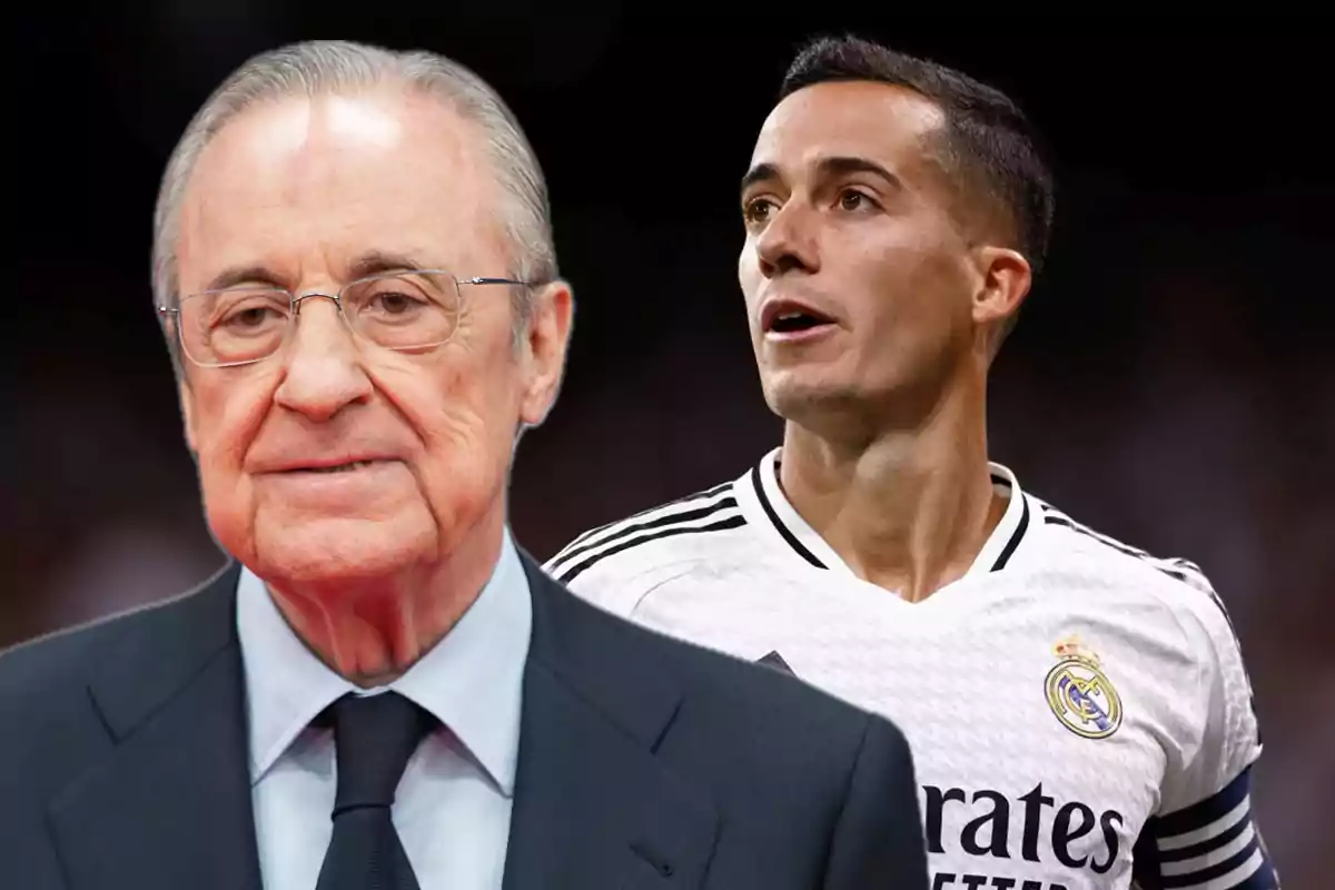 Dos personas, una con traje y otra con uniforme de fútbol del Real Madrid, aparecen en primer plano sobre un fondo oscuro.