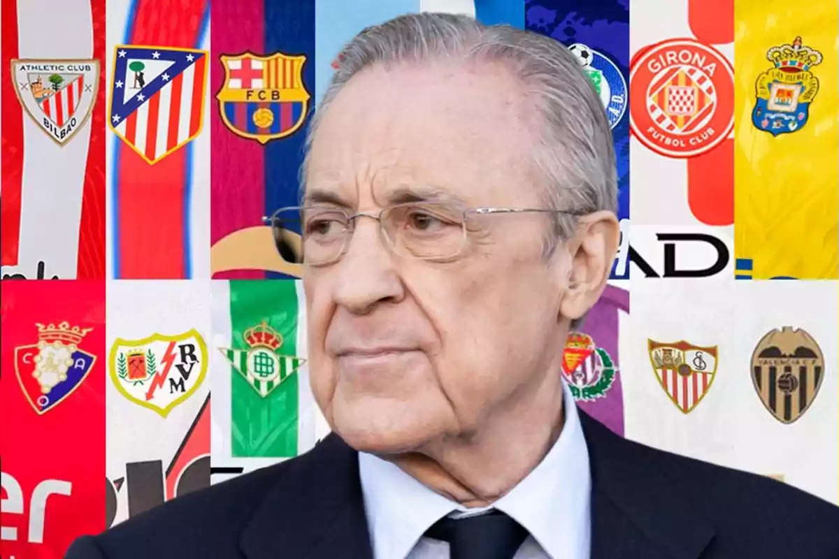 Hombre de cabello canoso y gafas con fondo de escudos de equipos de fútbol españoles