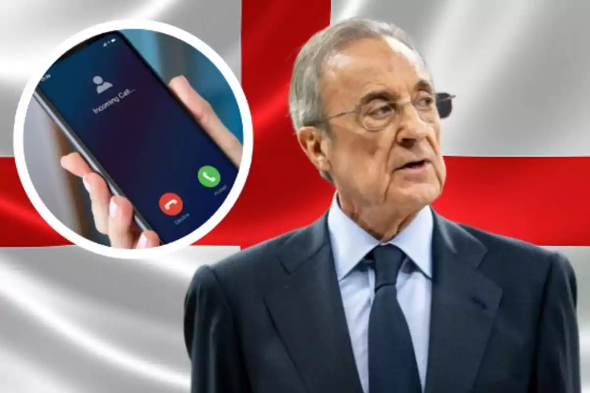 Hombre de traje frente a una bandera con una imagen insertada de una mano sosteniendo un teléfono móvil que muestra una llamada entrante