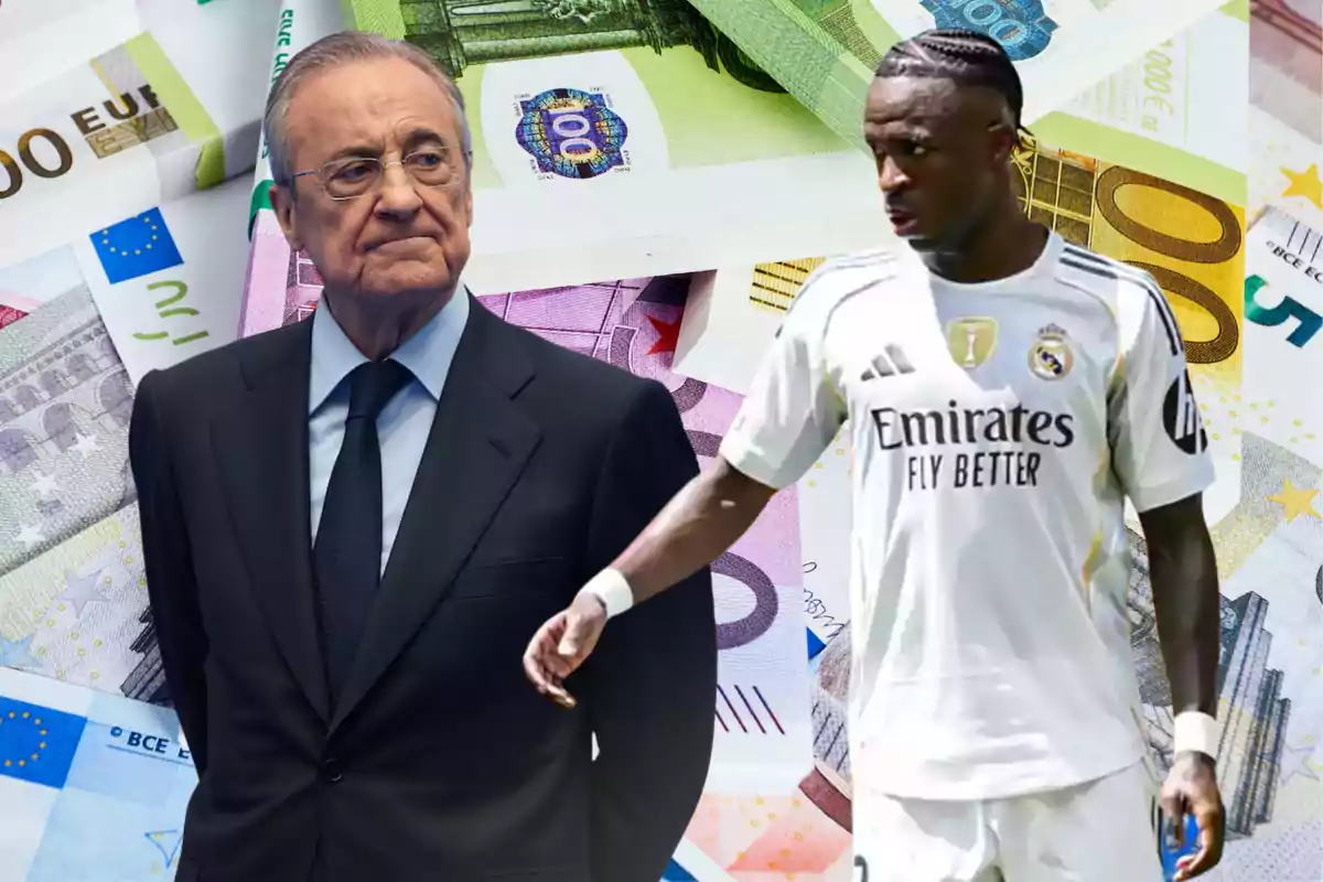 A man in a suit and a Real Madrid player appear in front of a background of euro bills.