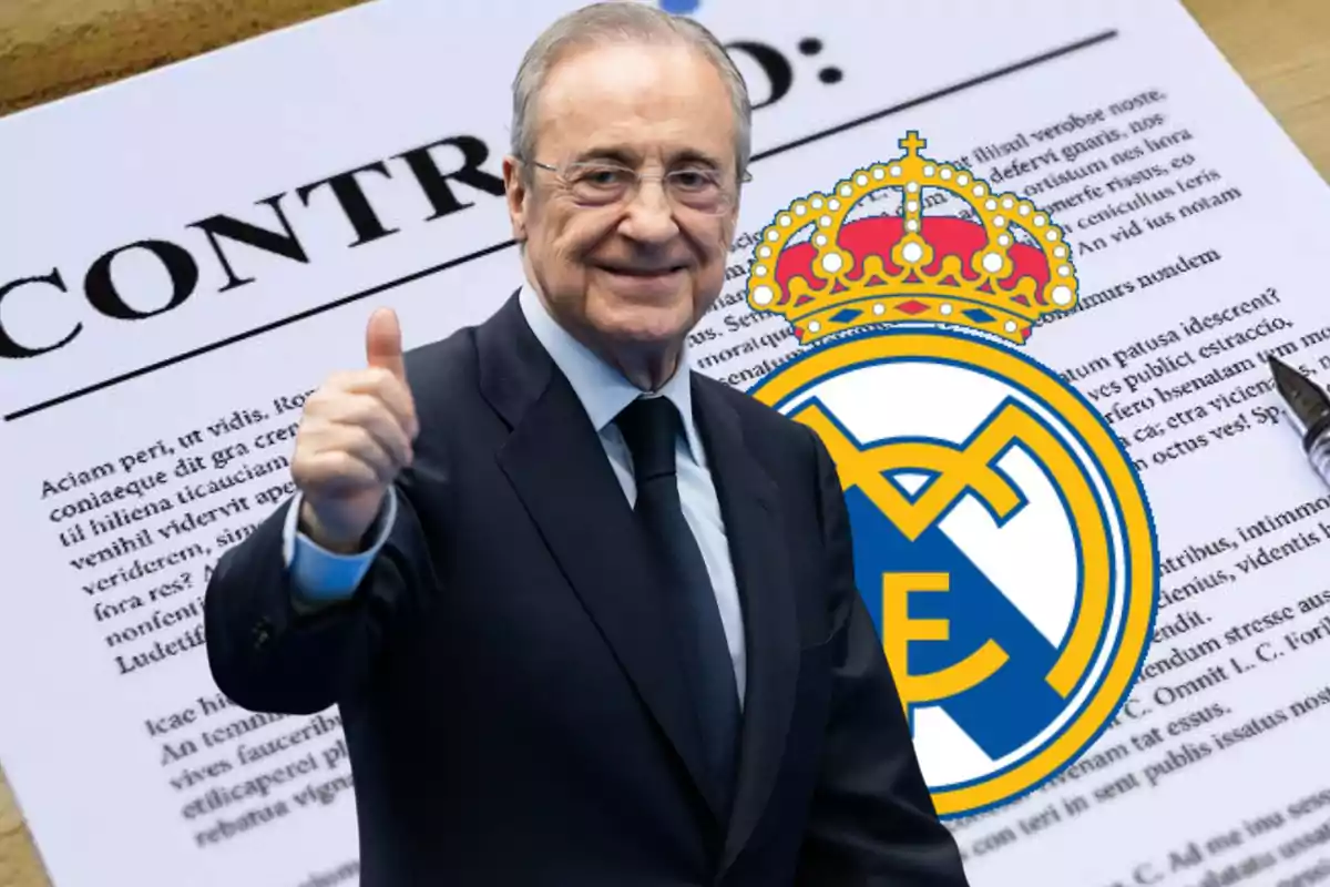 Hombre de traje sonriente levantando el pulgar frente a un contrato y el escudo del Real Madrid