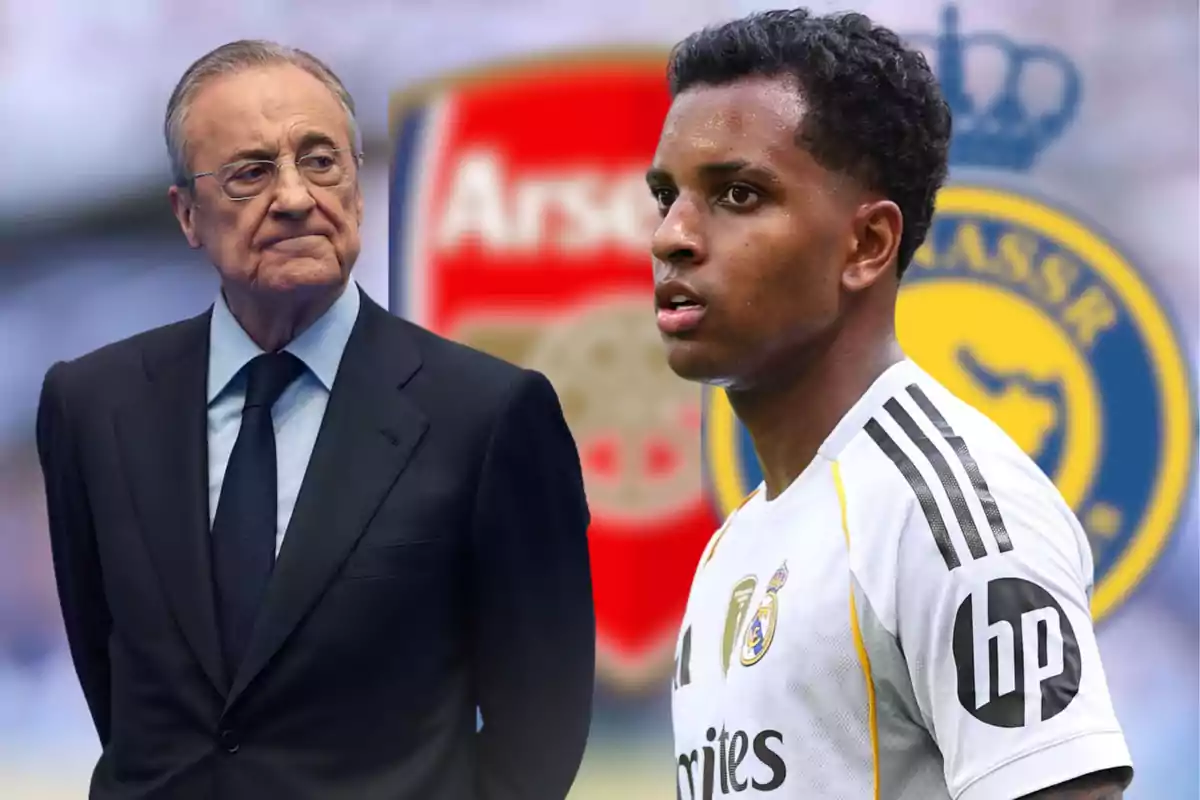 Un hombre de traje oscuro mira hacia un jugador de fútbol con uniforme blanco del Real Madrid, al fondo se ven los escudos desenfocados del Arsenal y Al Nassr.