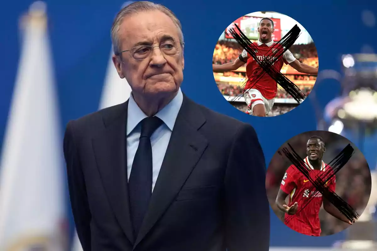 Hombre de traje con expresión seria al frente, al fondo dos futbolistas en círculos con una equis negra sobre ellos