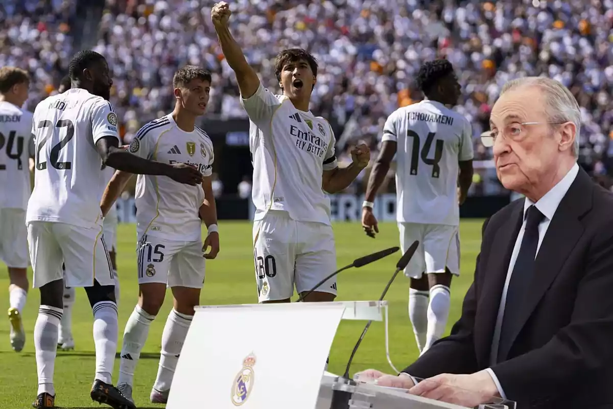 Real Madrid players celebrate on the field while a man in a suit speaks at a podium with the club’s crest.