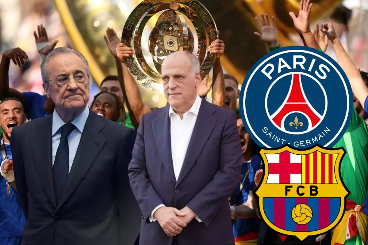 Dos hombres de traje aparecen en primer plano con personas celebrando y levantando un trofeo al fondo, junto a los escudos del PSG y el FC Barcelona