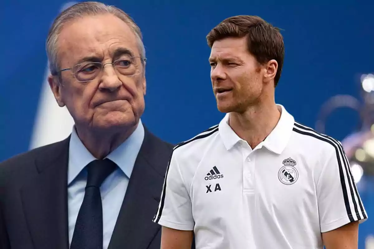 Two men appear together against a blue background; one is wearing a suit and glasses while the other is dressed in a white Real Madrid sports uniform.