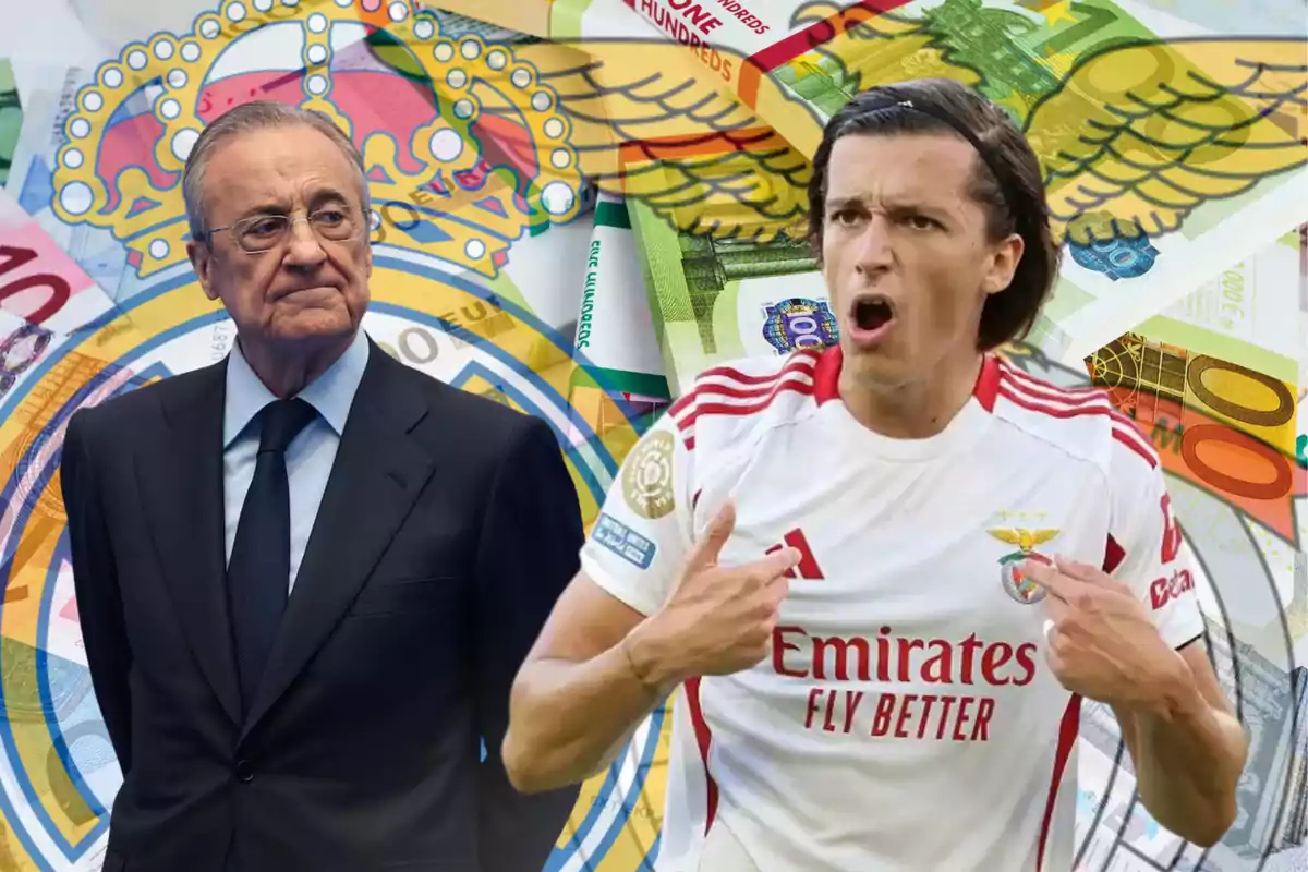 Montaje con un directivo del Real Madrid y un futbolista del Benfica celebrando, con billetes de euro y el escudo del Real Madrid de fondo