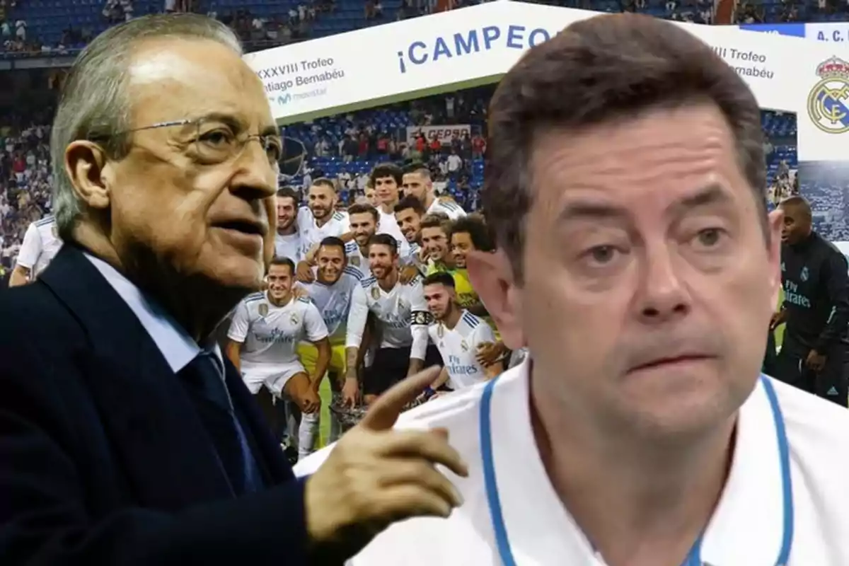 Dos hombres en primer plano con expresión seria y al fondo un equipo de fútbol celebrando frente a un arco con la palabra campeones