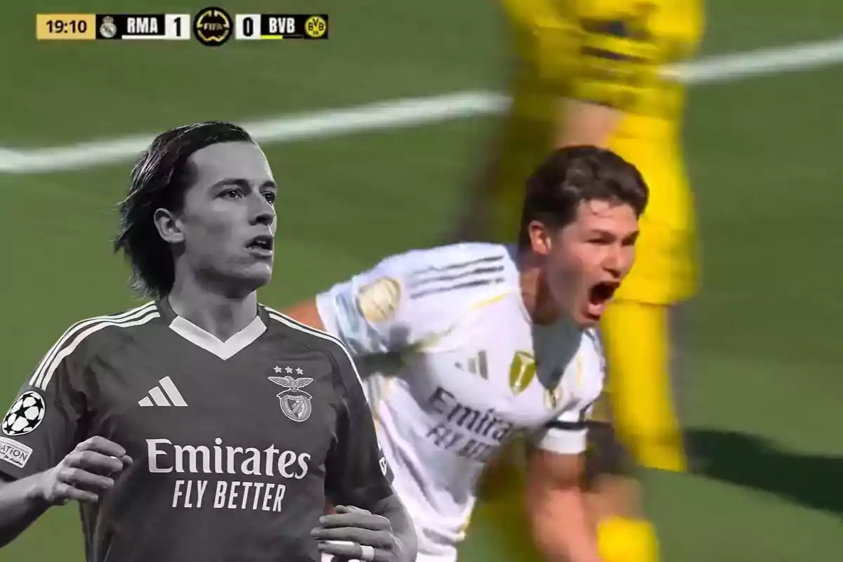 Un jugador del Benfica en blanco y negro al frente y un futbolista del Real Madrid celebrando un gol en el fondo con marcador de 1-0 contra Borussia Dortmund.