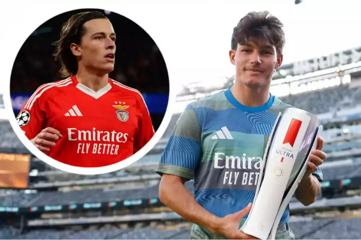 A player in a blue uniform holds a trophy in a stadium while another player in a red Benfica uniform appears in a box.