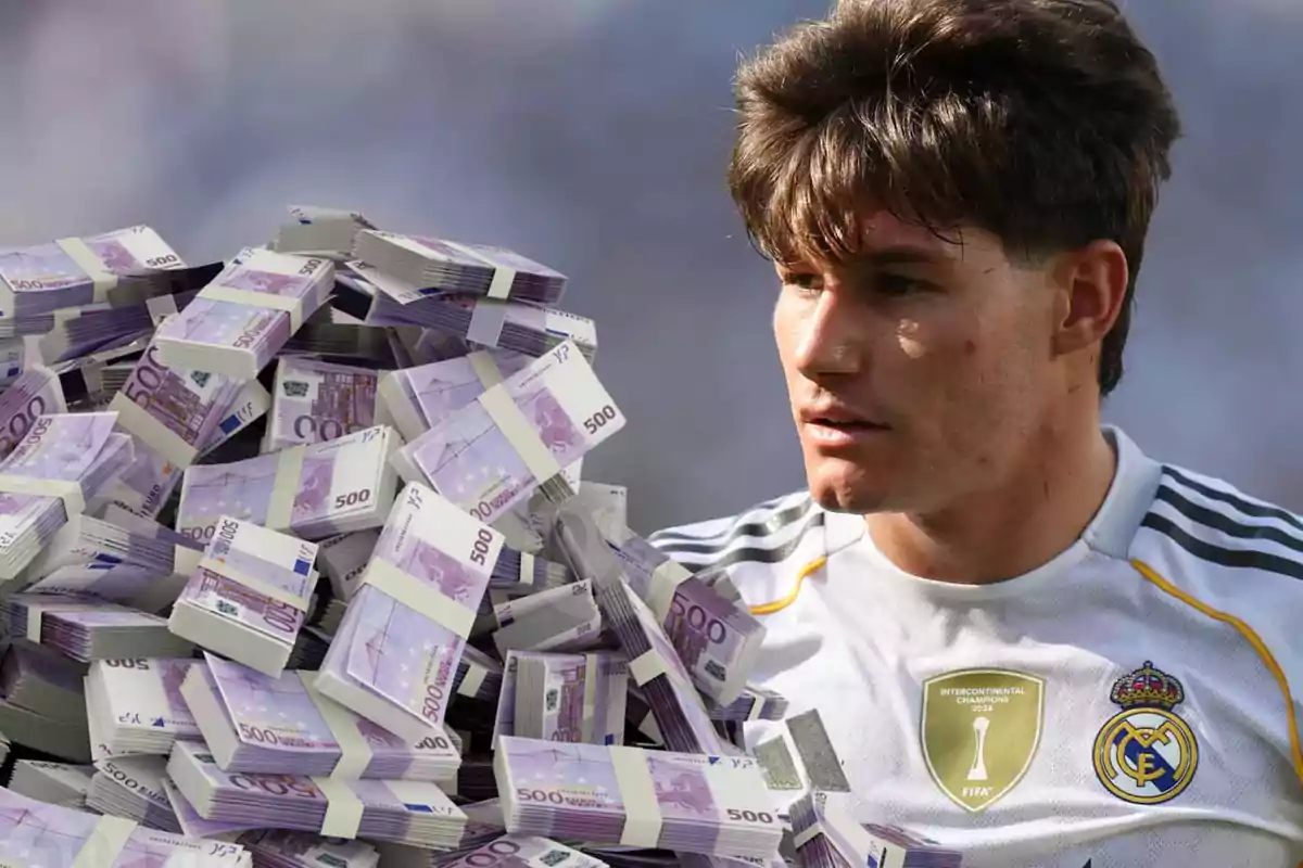 A player wearing a Real Madrid jersey next to a large pile of 500-euro bills