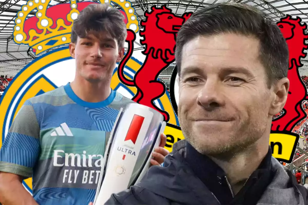 Dos hombres relacionados con el fútbol aparecen frente a los escudos de Real Madrid y Bayer Leverkusen en un estadio, uno de ellos sostiene un trofeo