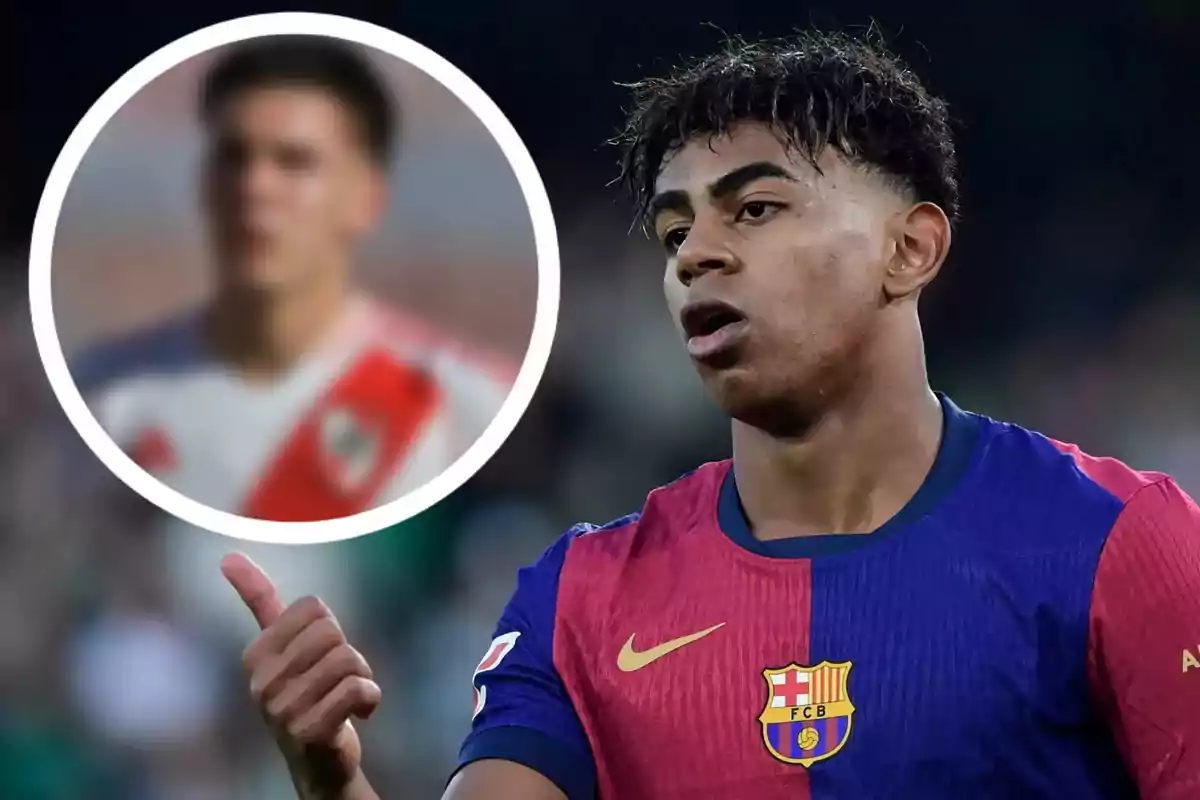 Futbolista del Barcelona en primer plano con un jugador de River Plate desenfocado en un círculo al fondo