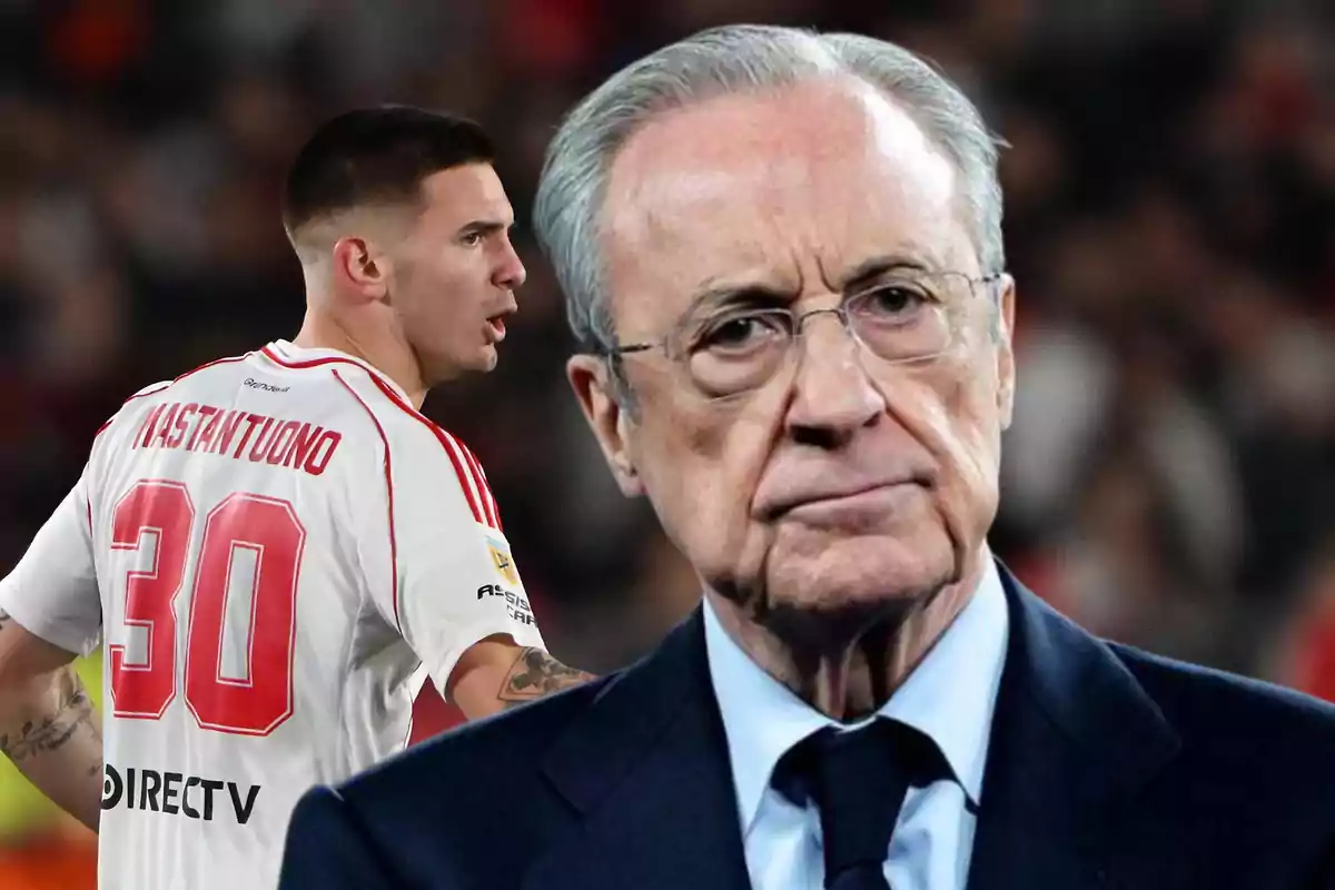 A young player wearing River Plate’s number 30 jersey appears in the background while an older man with gray hair and a serious expression is in the foreground.