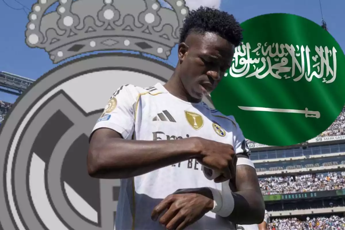 Soccer player in a white uniform adjusting a bandage on his arm, with the Real Madrid crest and the Saudi Arabian flag in the background