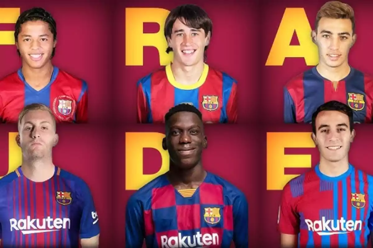 Six young players in Barcelona uniforms pose in front of a burgundy background with large yellow letters behind them.
