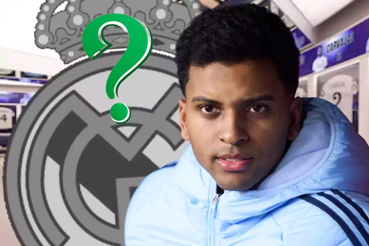 A player in a light blue jacket appears in front of the Real Madrid crest in black and white, with a green question mark over the crest and a locker room in the background.