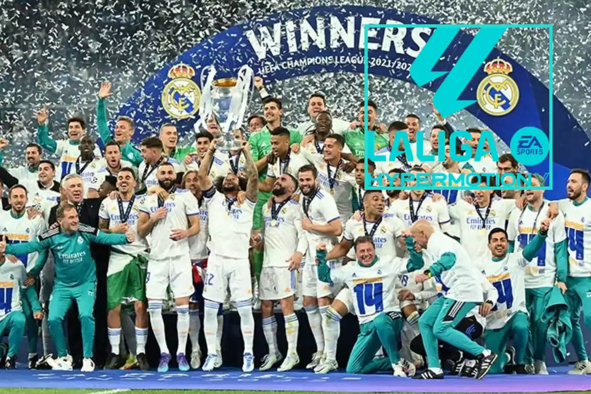 Real Madrid players celebrate a title with confetti and a trophy while posing together on stage, with the LaLiga Hypermotion logo over the image.