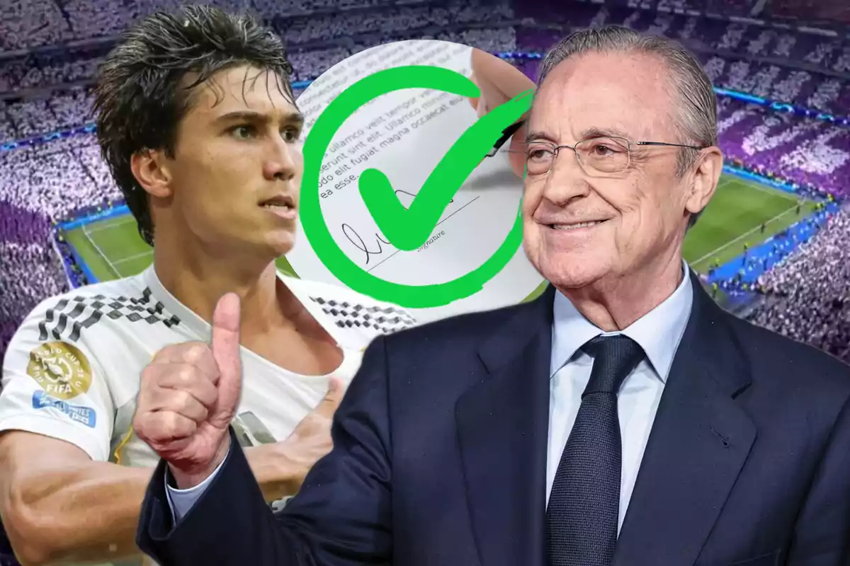 Un futbolista con uniforme blanco y un hombre de traje sonriente aparecen frente a un estadio lleno, con un gran visto bueno verde sobre un contrato al fondo