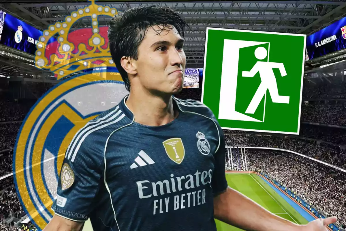 Real Madrid player with a look of resignation in a packed stadium, with the club’s crest and an emergency exit sign in the background