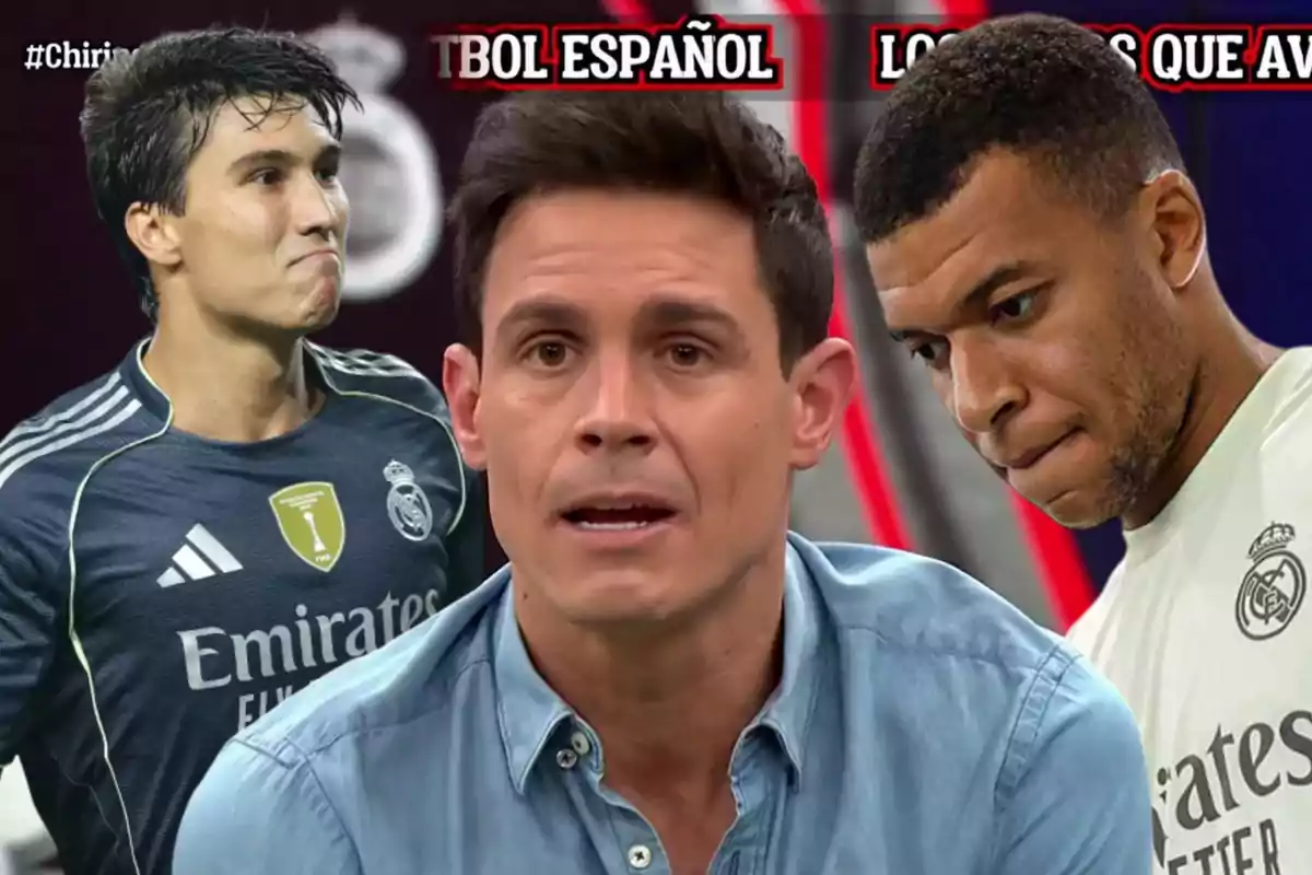 Three men appear in the image, two of them wearing Real Madrid jerseys and one in the center with a blue jersey, with a background that includes text at the top.