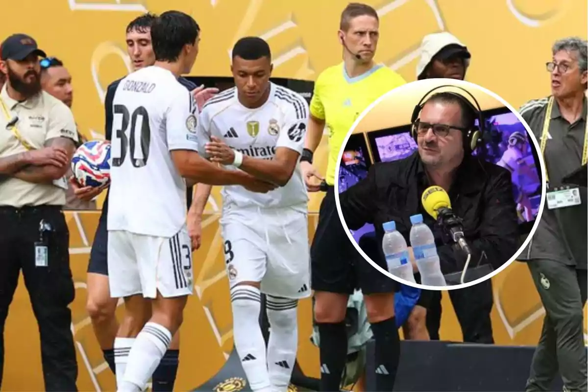 Two Real Madrid players shake hands during a substitution in a match while a referee and other people watch, with a superimposed image of a man wearing headphones and a microphone in a radio studio.