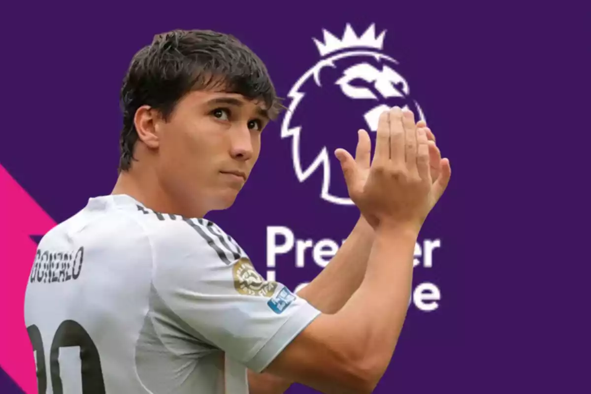 Soccer player applauding with the Premier League logo in the background