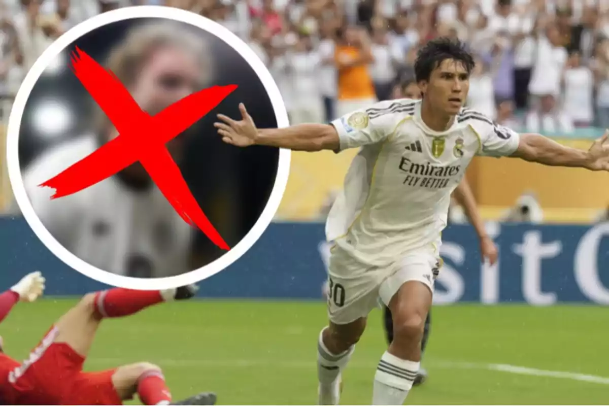 Real Madrid player celebrating a goal with arms outstretched while in the top left corner there is a circle with a blurry image and a big red X over it