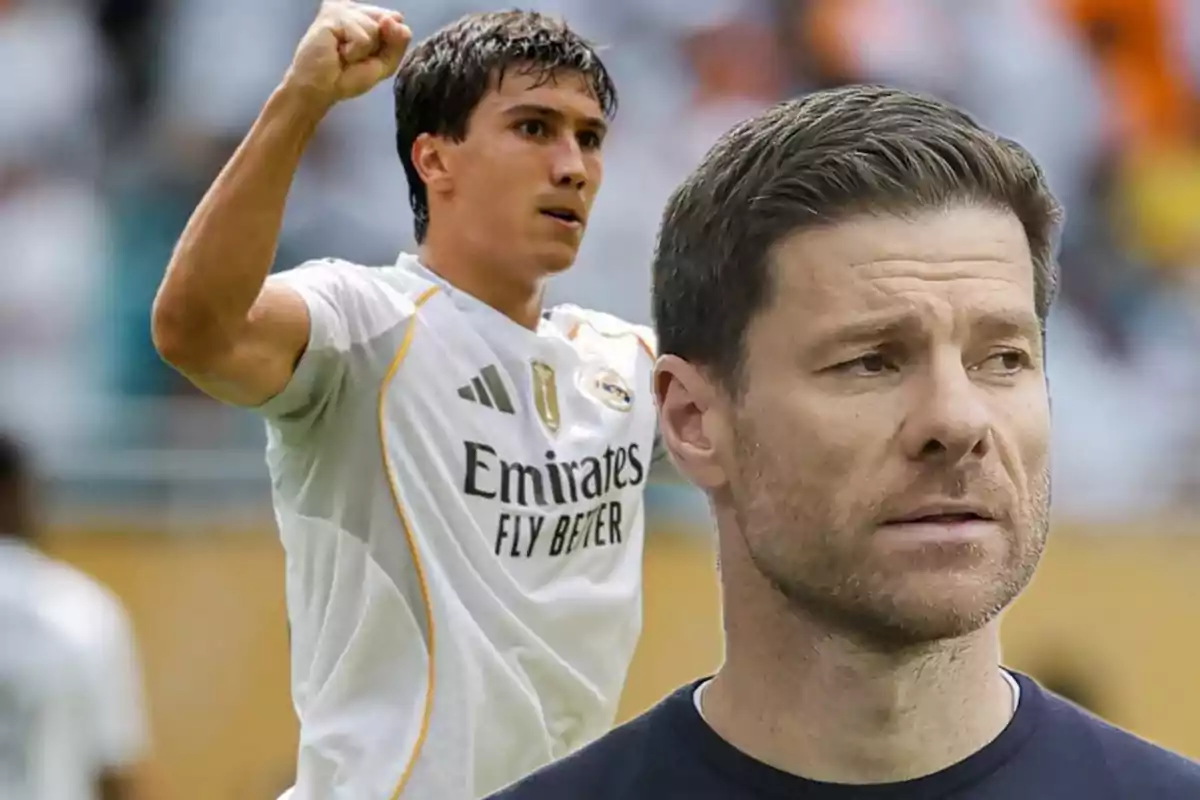 Un futbolista del Real Madrid celebra con el puño en alto mientras un hombre de cabello corto y barba aparece en primer plano con expresión seria.