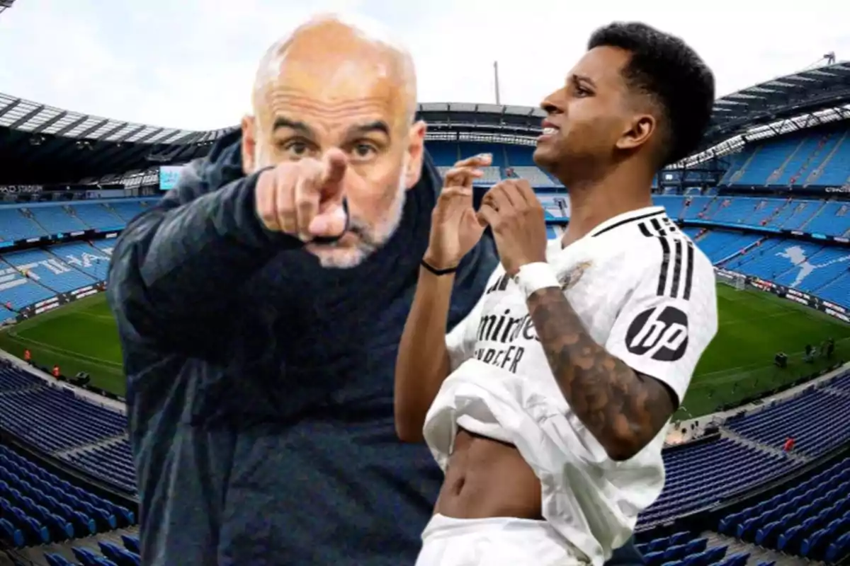 Entrenador señalando al frente mientras un jugador del Real Madrid reacciona en un estadio de fútbol vacío