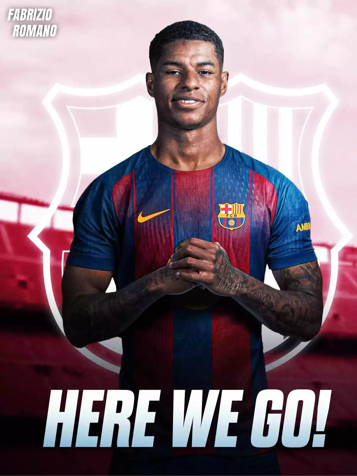 A player wearing the FC Barcelona jersey posing in front of the club’s crest with the text A player wearing the FC Barcelona jersey posing in front of the club’s crest with the text