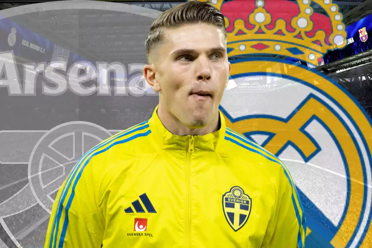 Soccer player wearing a yellow Sweden national team jacket in front of the Real Madrid and Arsenal crests in a soccer stadium