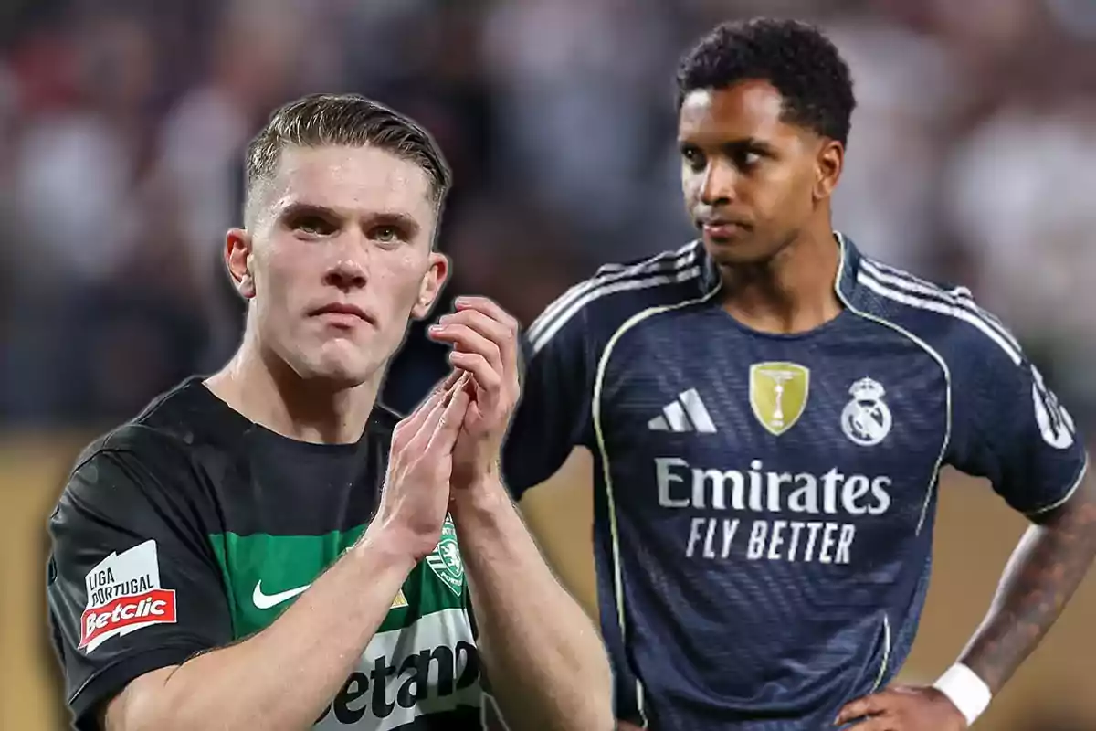 Dos futbolistas en el campo, uno con uniforme negro y verde del Sporting de Lisboa y otro con uniforme azul del Real Madrid