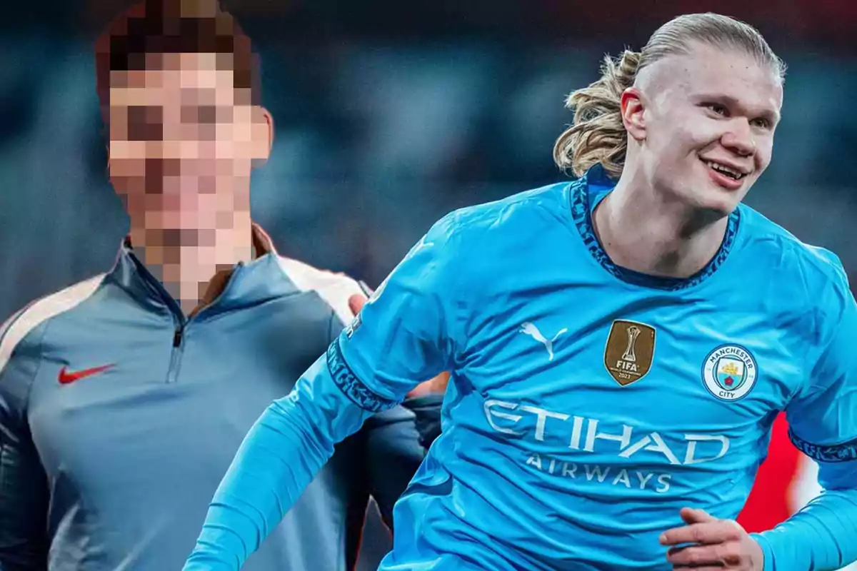 Two people are posing, one of them is wearing a Manchester City uniform and the other has their face pixelated.