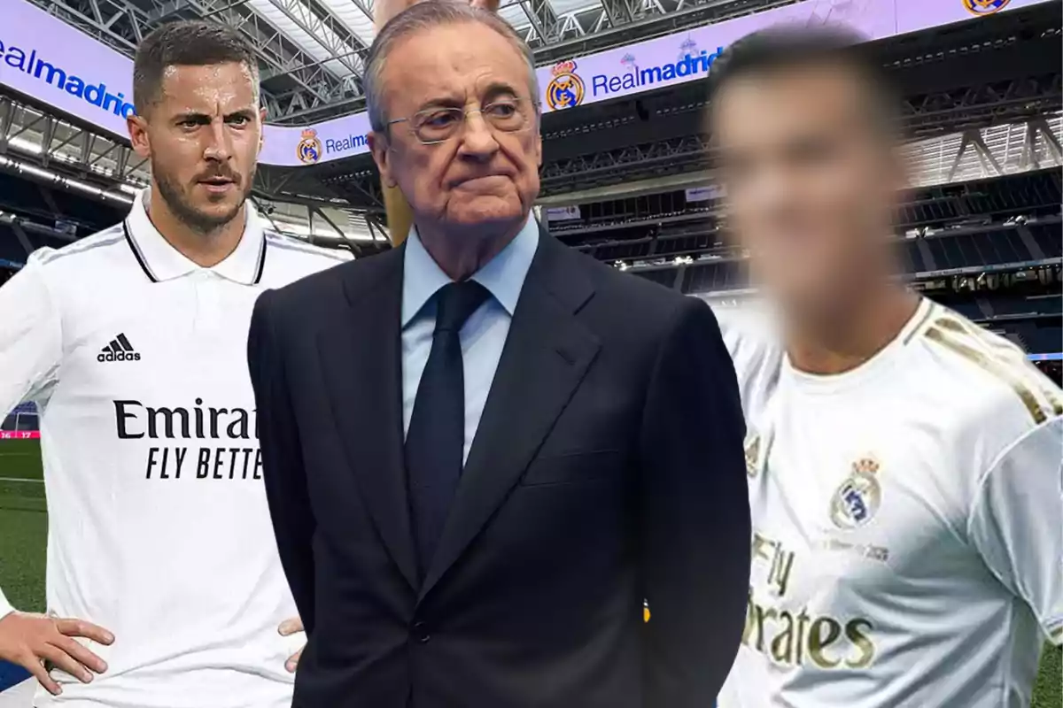 Tres personas en el estadio del Real Madrid una de ellas con traje y las otras dos con uniforme de fútbol una de las cuales tiene el rostro desenfocado