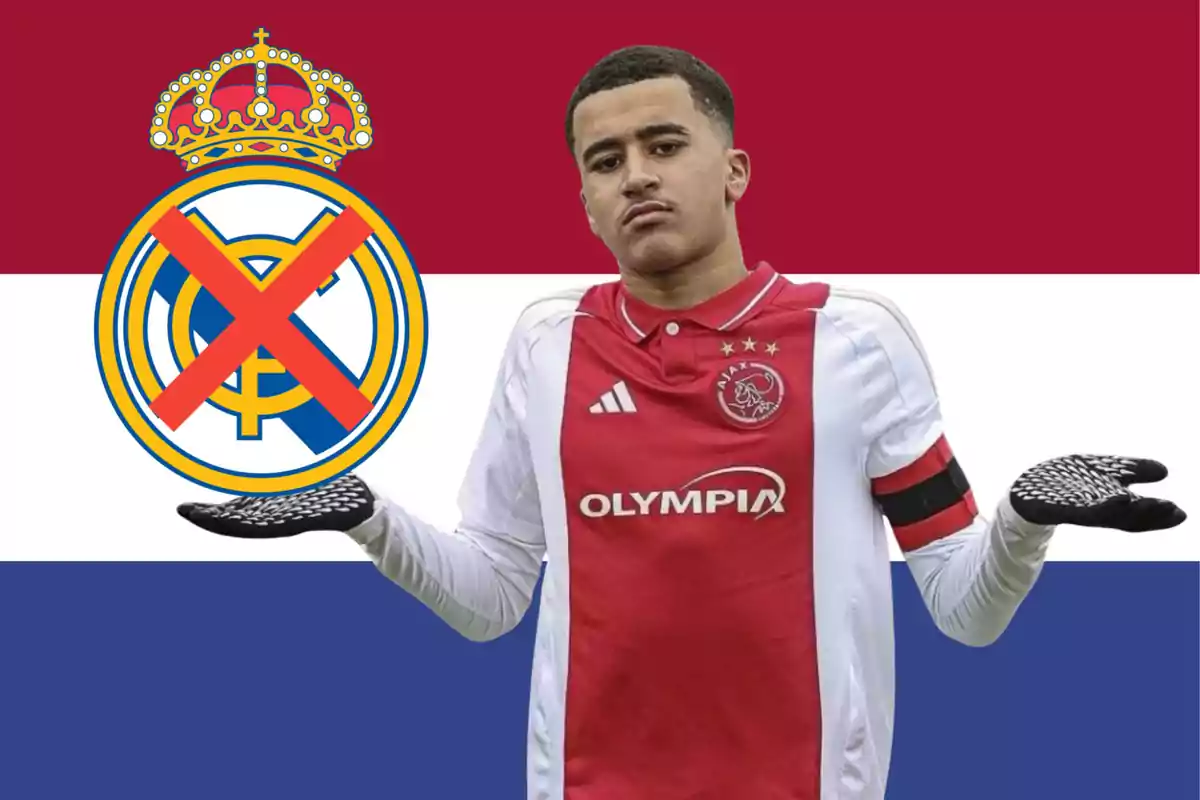 Ajax footballer shrugging in front of a crossed-out Real Madrid crest and a Netherlands flag in the background