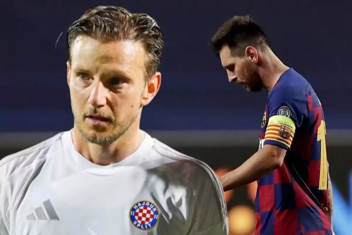 Dos futbolistas aparecen en la imagen, uno con el uniforme blanco del Hajduk Split en primer plano y otro con el uniforme azul y rojo del Barcelona al fondo, ambos con expresiones serias