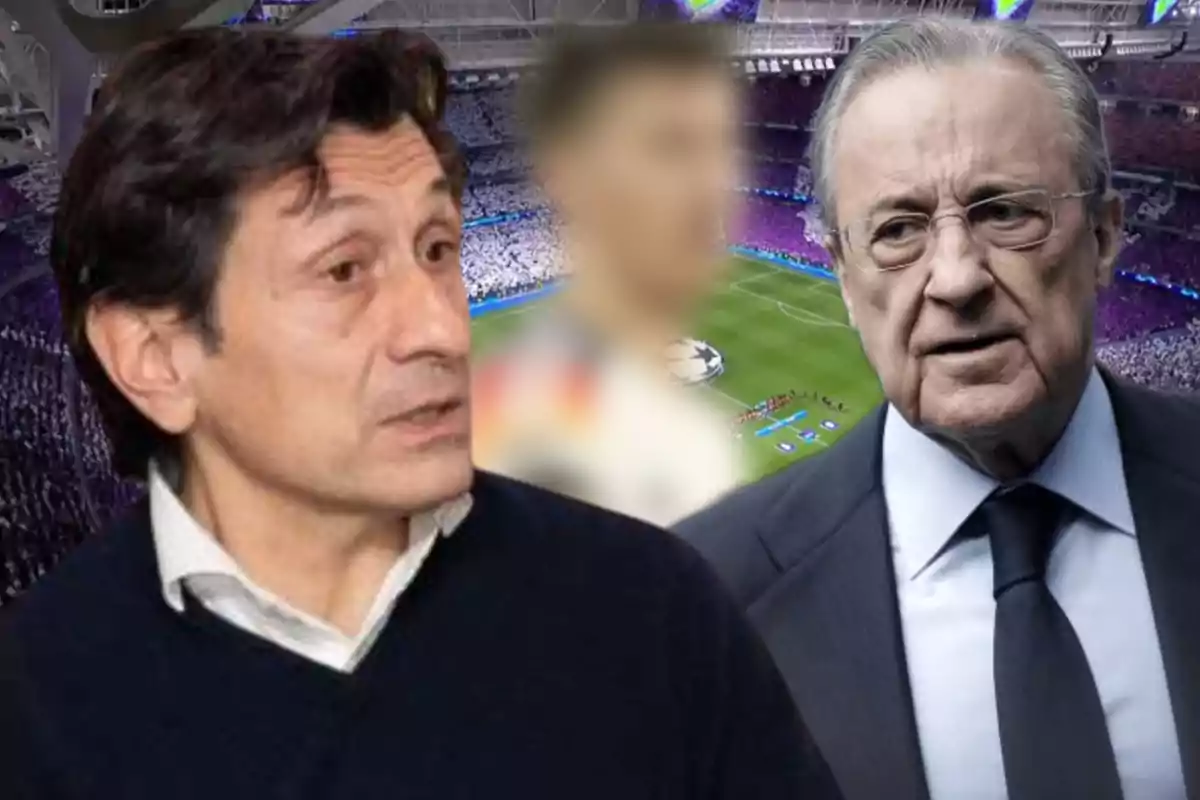 Dos hombres en primer plano con un estadio de fútbol lleno de fondo y una figura desenfocada en el centro