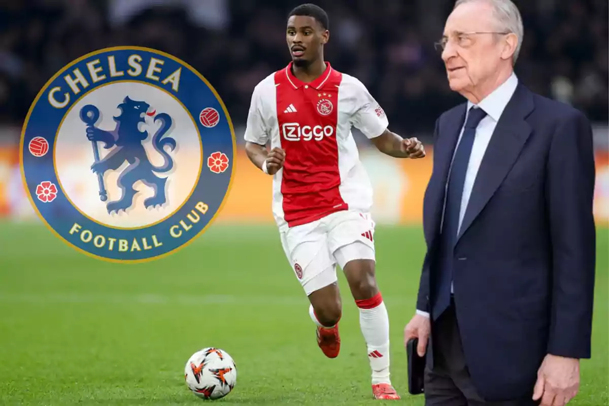 Un futbolista del Ajax corre en el campo mientras un hombre de traje observa y el escudo del Chelsea aparece al fondo