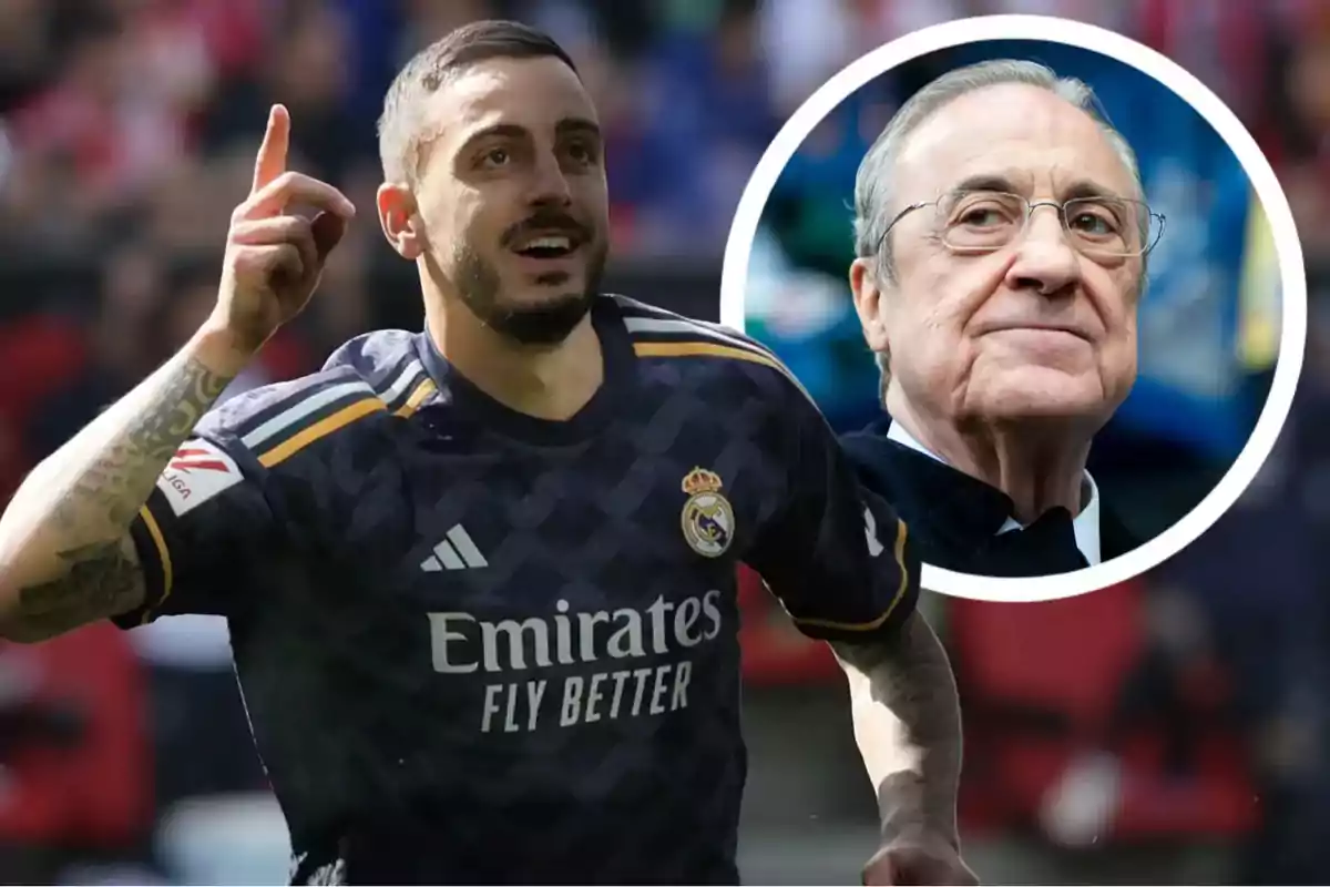 Real Madrid player celebrating a goal with the image of an older man in a circle in the background