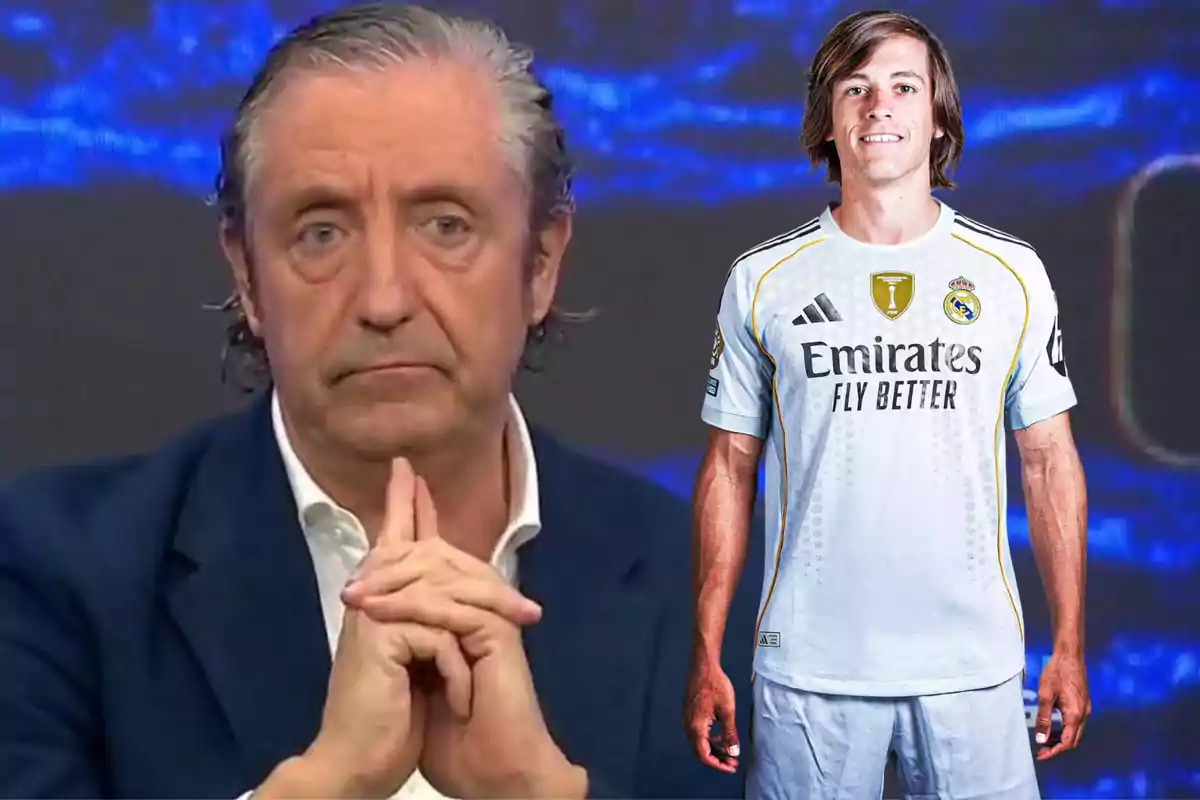 Un hombre de cabello canoso y expresión seria con las manos entrelazadas al frente y al lado un futbolista joven con uniforme blanco del Real Madrid sobre un fondo azul difuminado