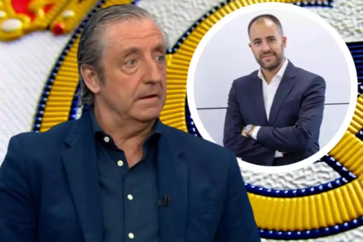 Hombre de cabello canoso con saco azul oscuro en primer plano y al fondo un círculo con la imagen de otro hombre de traje frente a un fondo con detalles dorados y blancos