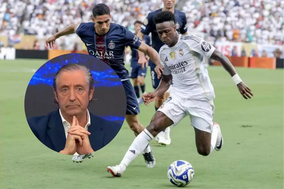 A Real Madrid player challenges a PSG player for the ball during a match, while in the lower left corner the face of an older man with a serious expression appears.