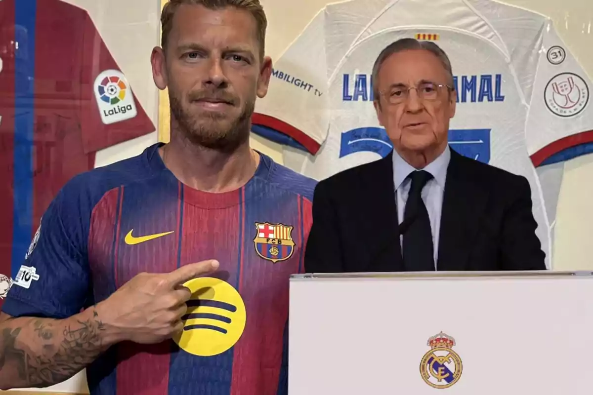A man wearing a Barcelona jersey points to the crest while another man in a suit stands in front of a podium with the Real Madrid crest and soccer jerseys in the background.