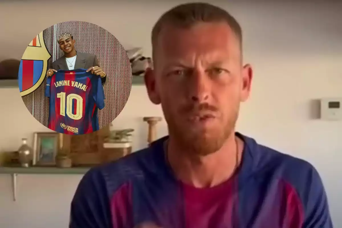 Un hombre de cabello corto y barba aparece en primer plano con expresión seria, mientras en un círculo superpuesto se muestra a un joven sonriente sosteniendo una camiseta de fútbol azul y roja con el número 10 y el nombre Lamine Yamal.