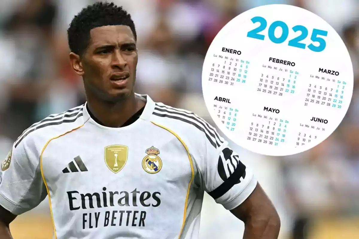 Real Madrid player in a white uniform with a 2025 calendar in the background