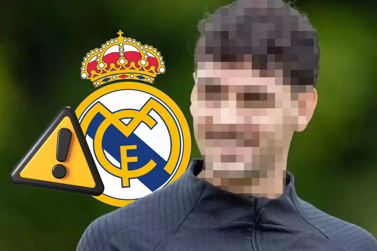 Hombre con el rostro pixelado frente al escudo del Real Madrid y un icono de advertencia