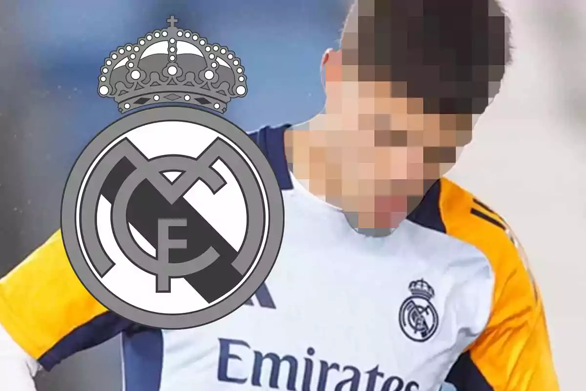 Soccer player with a pixelated face wearing a Real Madrid uniform and the club’s crest in the foreground